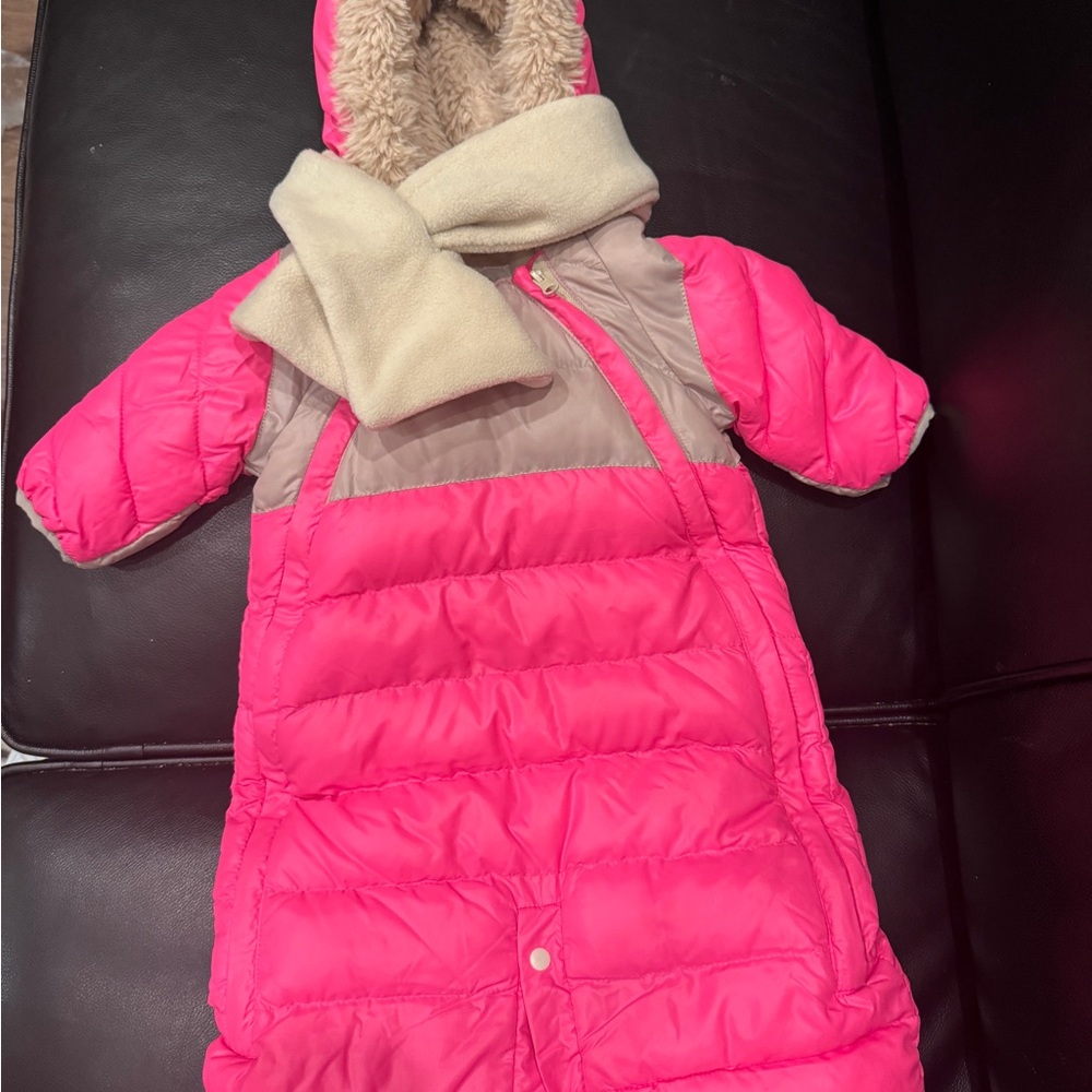 Pink and Tan Infant Snowsuit with Hood